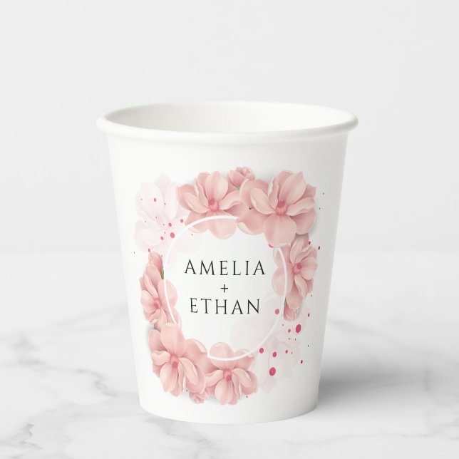 Blush Pink Floral Personalized Wedding Paper Cups (Front)