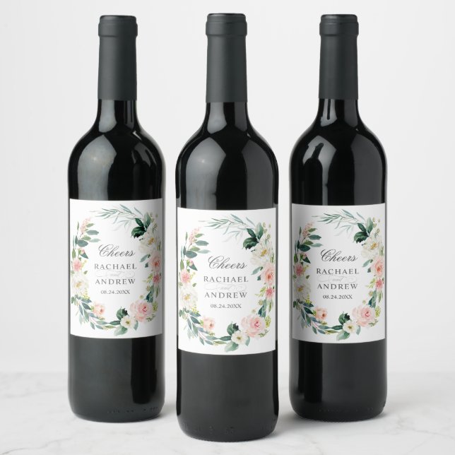 Blush Pink Floral Personalized Wedding Wine Label (Bottles)