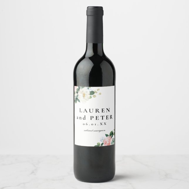 Blush Pink Floral Personalized Wedding Wine Label (Front)