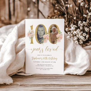 Blush Pink Floral Photo 100th Birthday Invitation