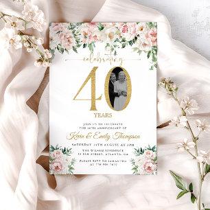 Blush Pink Floral Photo 40th Anniversary Invitation