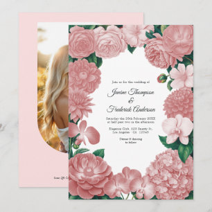 Blush Pink Floral Photo and QR Code Wedding Invitation