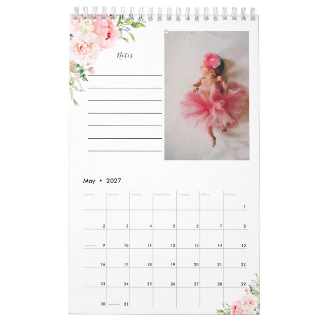 Blush Pink Floral Photo Calendar With Notes (May 2027)