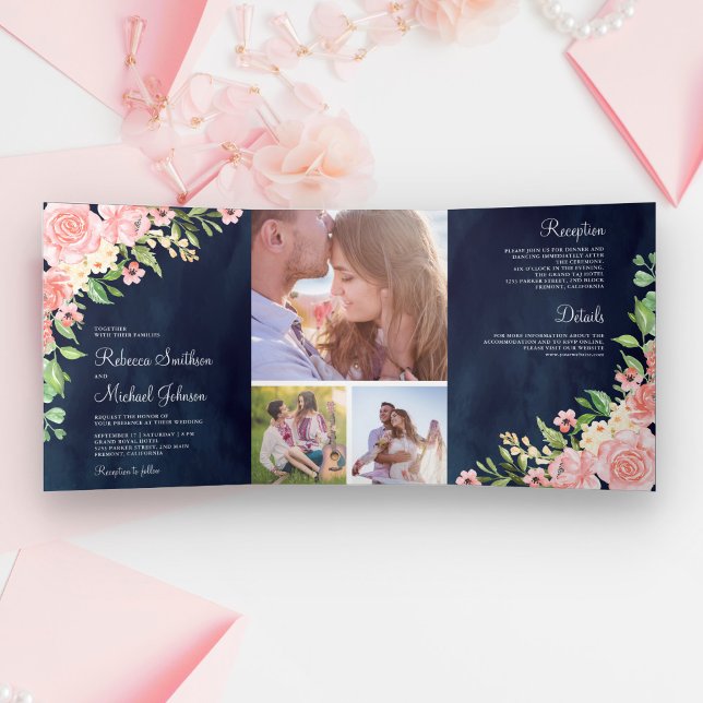 Blush Pink Floral Photo Collage Navy Blue Wedding  Tri-Fold Invitation (Creator Uploaded)