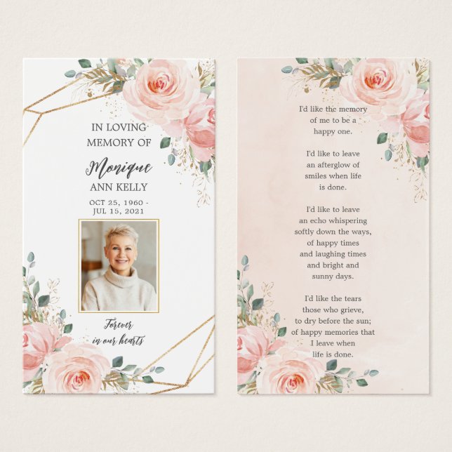 Blush Pink Floral Photo Funeral Memorial Bookmark (Front & Back)