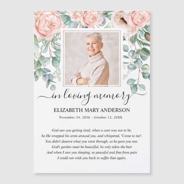 Blush Pink Floral Photo Funeral Prayer Card (Front)