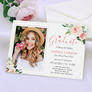 Blush Pink Floral Photo Keepsake Graduation Party Invitation