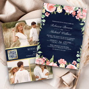 Blush Pink Floral Photo QR Code Navy Blue Wedding Invitation