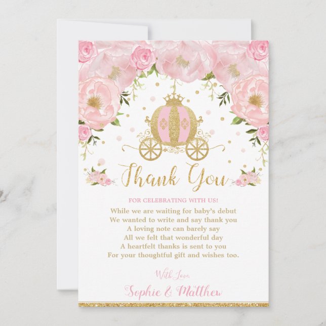 Blush Pink Floral Princess Baby Shower Carriage Thank You Card (Front)
