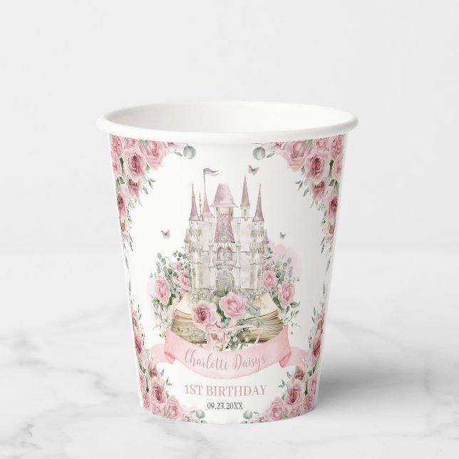 Blush Pink Floral Princess Castle Storybook Book Paper Cups (Front)