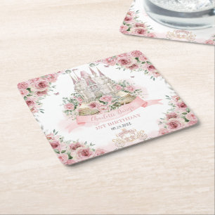 Blush Pink Floral Princess Castle Storybook Book Square Paper Coaster