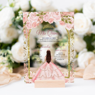 Blush Pink Floral Princess Gold Arch Quinceanera I Acrylic Invitations