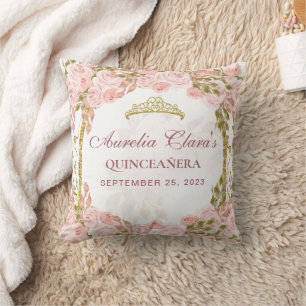 Blush Pink Floral Princess Gold Arch Quinceanera Throw Pillow