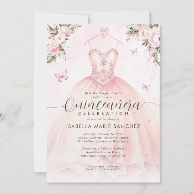 Blush Pink Floral Princess Gown Dress Quinceanera Invitation (Front)