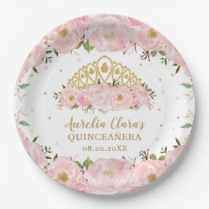 Blush Pink Floral Princess Tiara Crown QUINCEAÑER Paper Plate