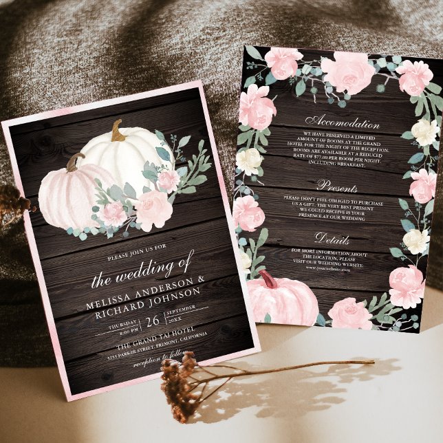 Blush Pink Floral Pumpkin All in One Wood Wedding Invitation (Creator Uploaded)