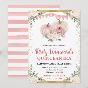Blush Pink Floral Pumpkins Fall Quinceanera Invitation