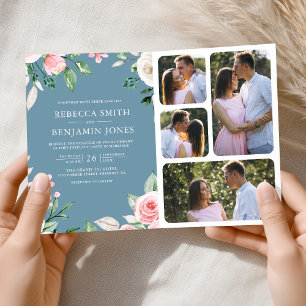 Blush Pink Floral QR Code Dusty Blue Wedding Invitation