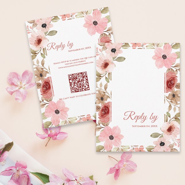 Blush Pink Floral QR Code Wedding Reply By RSVP Card (Blush Pink Floral QR Code Wedding Reply By RSVP Card)