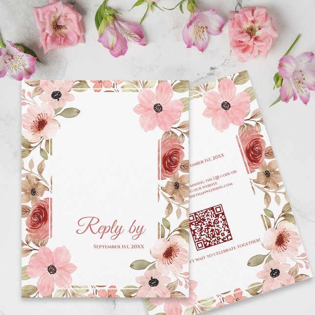 Blush Pink Floral QR Code Wedding Reply By RSVP Card (Blush Pink Floral QR Code Wedding Reply By RSVP Card)