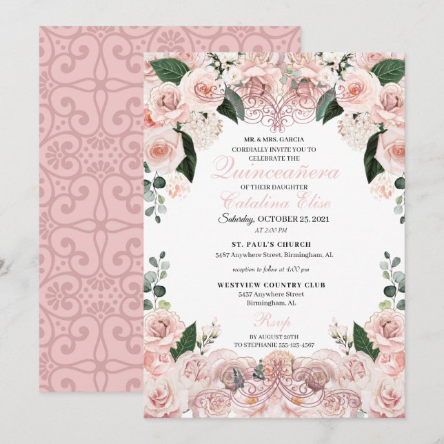 Blush Pink Floral Quinceanera Birthday Invitation (Front/Back)
