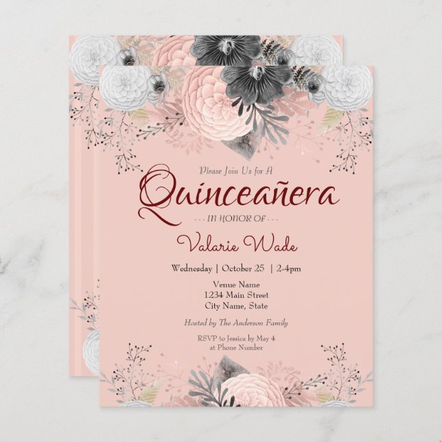 Blush Pink Floral Quinceanera Budget Invitations (Front/Back)
