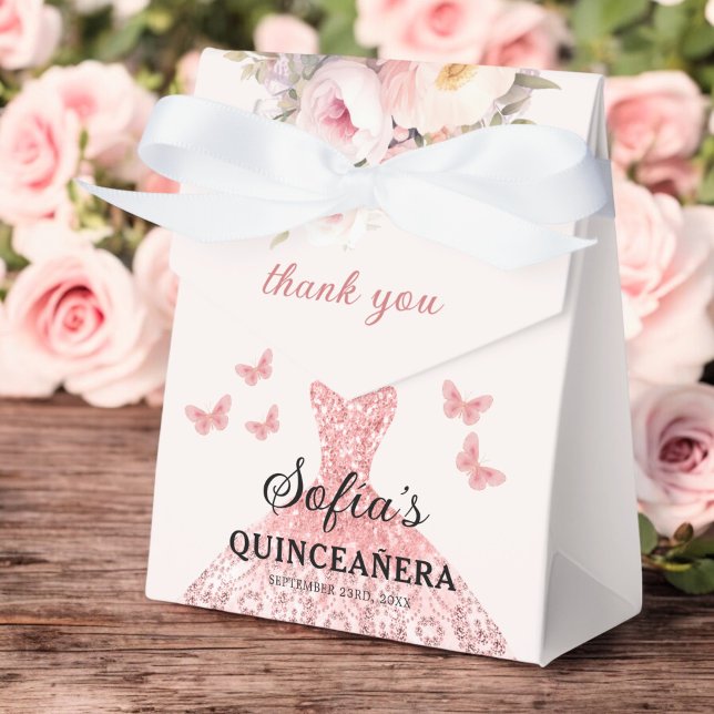 Blush Pink Floral Quinceañera Butterflies Favor Box (Creator Uploaded)