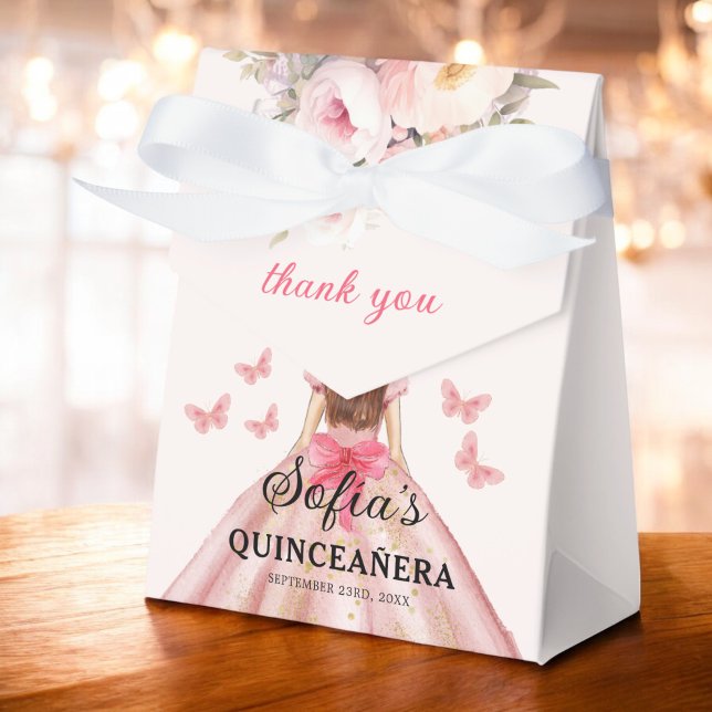 Blush Pink Floral Quinceañera Butterflies Favor Box (Creator Uploaded)