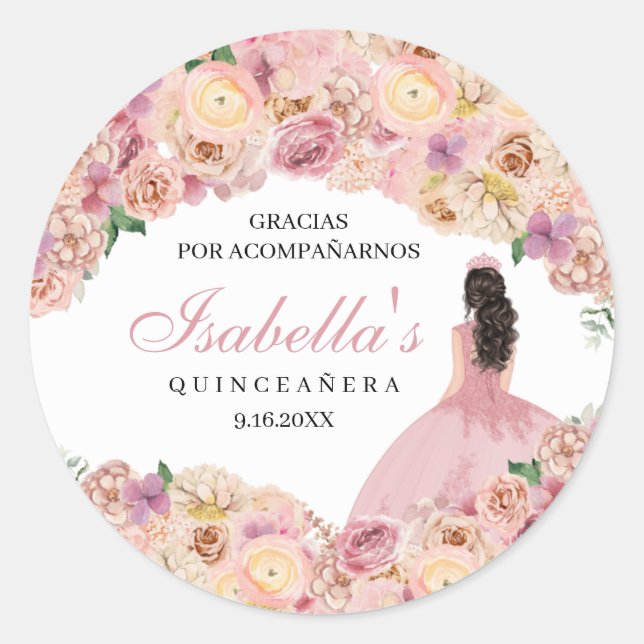 Blush Pink Floral Quinceanera Classic Round Sticke Classic Round Sticker (Front)