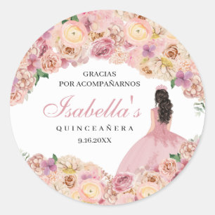 Blush Pink Floral Quinceanera Classic Round Sticke Classic Round Sticker