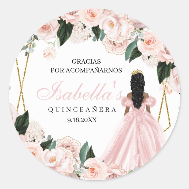 Blush Pink Floral Quinceanera Round Stickers (Front)