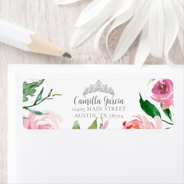 Blush Pink Floral Quinceañera Tiara Return Address (Insitu)