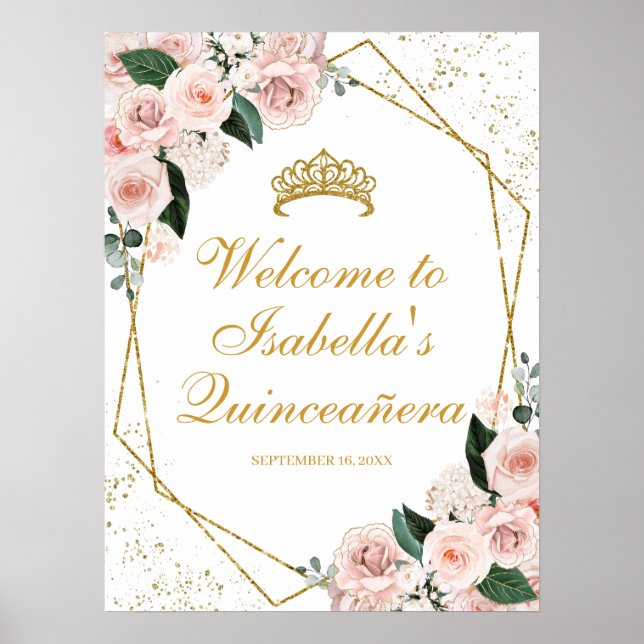 Blush Pink Floral Quinceanera Welcome Sign (Front)