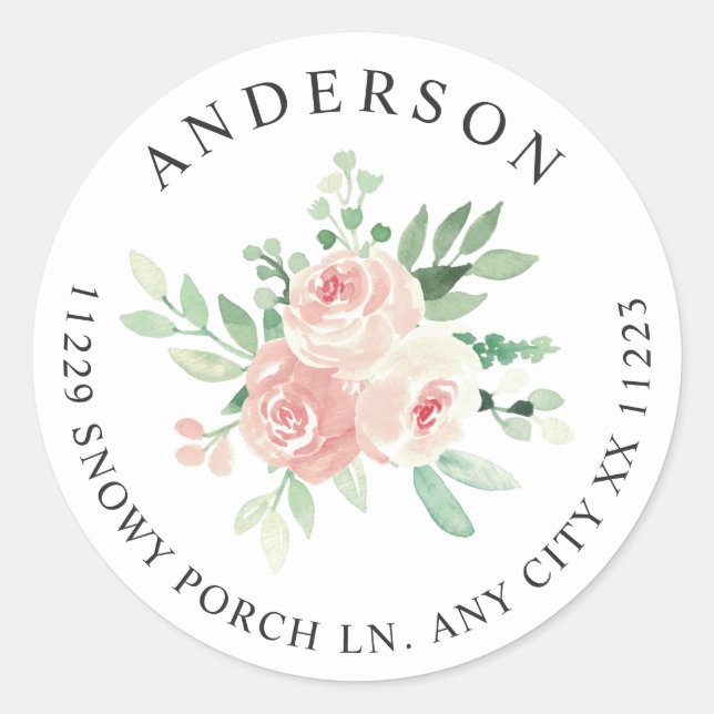 Blush Pink Floral return address Classic Round Sticker (Front)