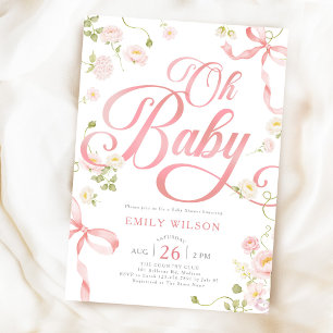 Blush Pink Floral Ribbon Bow Girl Baby Shower Invitation