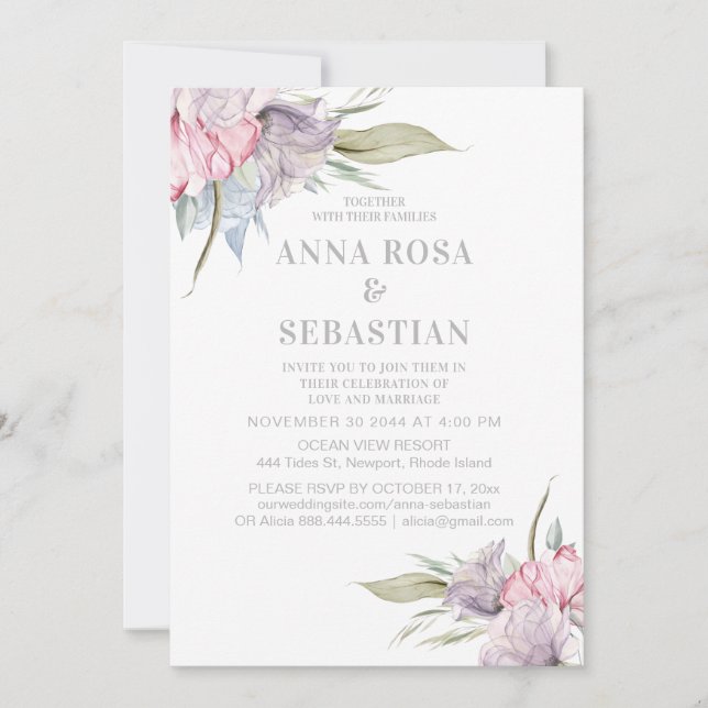 *~* Blush Pink Floral Rose  AR15 WEDDING RSVP + Invitation (Front)