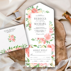 Blush Pink Floral Rose Garden Wedding All In One Invitation