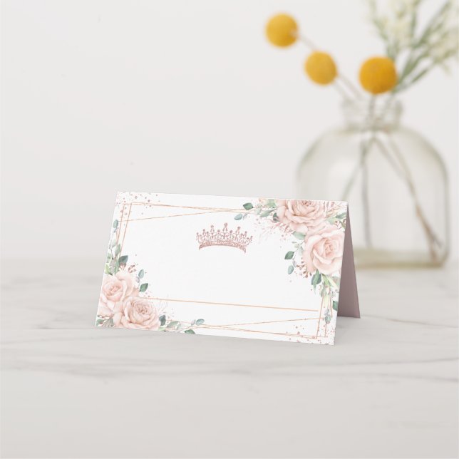 Blush Pink Floral Rose Gold Crown Quinceañera  Place Card (Front)
