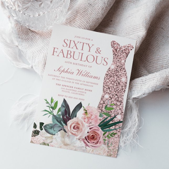 Blush Pink Floral Rose Gold Dress 60th Birthday Invitation (Creator Uploaded)