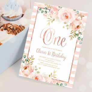 Blush Pink Floral Rose Gold First Birthday Invitation