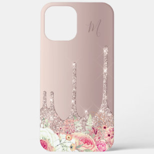 Blush pink floral rose gold glitter drips monogram iPhone 12 pro max case