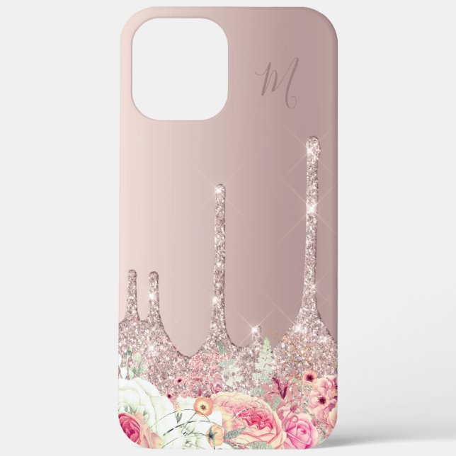 Blush pink floral rose gold glitter drips monogram Case-Mate iPhone case (Back)