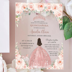 Blush Pink Floral Rose Gold Quinceañera Sweet 16 Acrylic Invitations