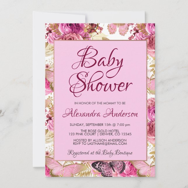 Blush Pink Floral Roses Baby Shower Monogram Invitation (Front)
