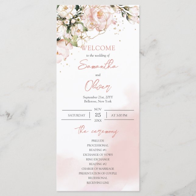 Blush Pink Floral Roses Boho Wedding Ceremony Program (Front)