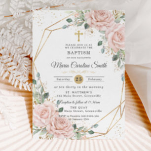 Blush Pink Floral Roses Gold Cross Baptism Invitation