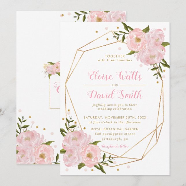 Blush Pink Floral Roses Peonies Geometric Wedding Invitation (Front/Back)