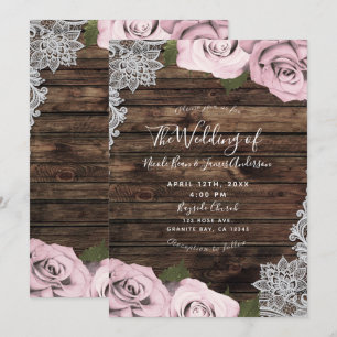 Blush Pink Floral Roses Rustic Wood Lace Wedding Invitation