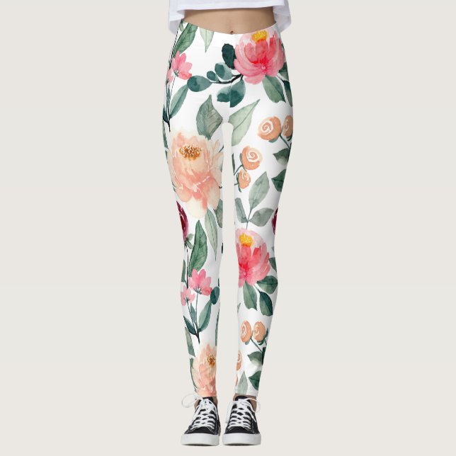 Blush Pink Floral Roses Watercolor Pattern Leggings (Front)