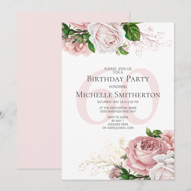 Blush Pink Floral Roses White 60th Birthday Invitation (Front/Back)